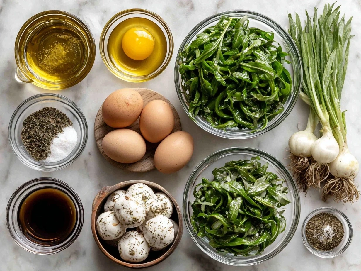 Ingredients for Southern Turnip Greens Recipe including fresh turnip greens, smoked ham hock, onion, garlic, chicken broth, apple cider vinegar, red pepper flakes, salt, pepper, olive oil, and sugar.