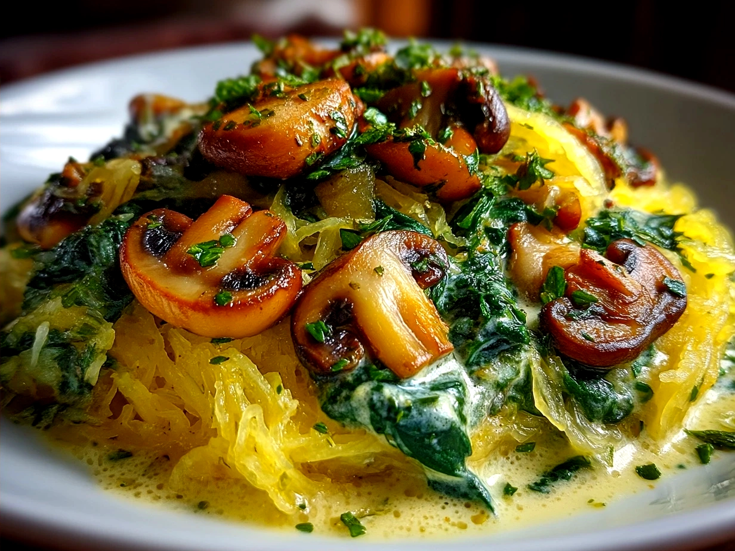 Serving of Spaghetti Squash with Mushroom and Spinach Cream Sauce garnished with fresh herbs on a plate.