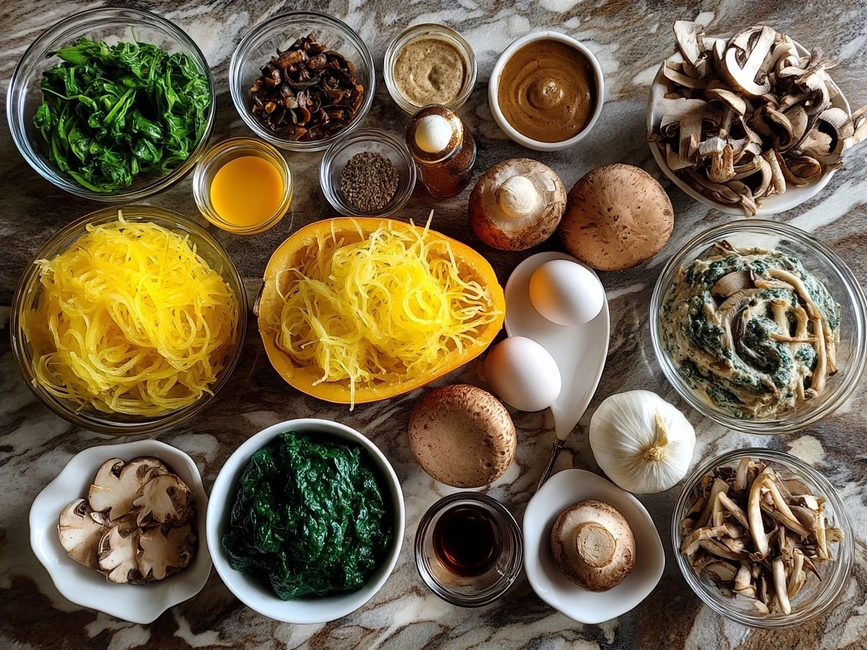 Ingredients for Spaghetti Squash with Mushroom and Spinach Cream Sauce including spaghetti squash, mushrooms, spinach, heavy cream, Parmesan cheese.
