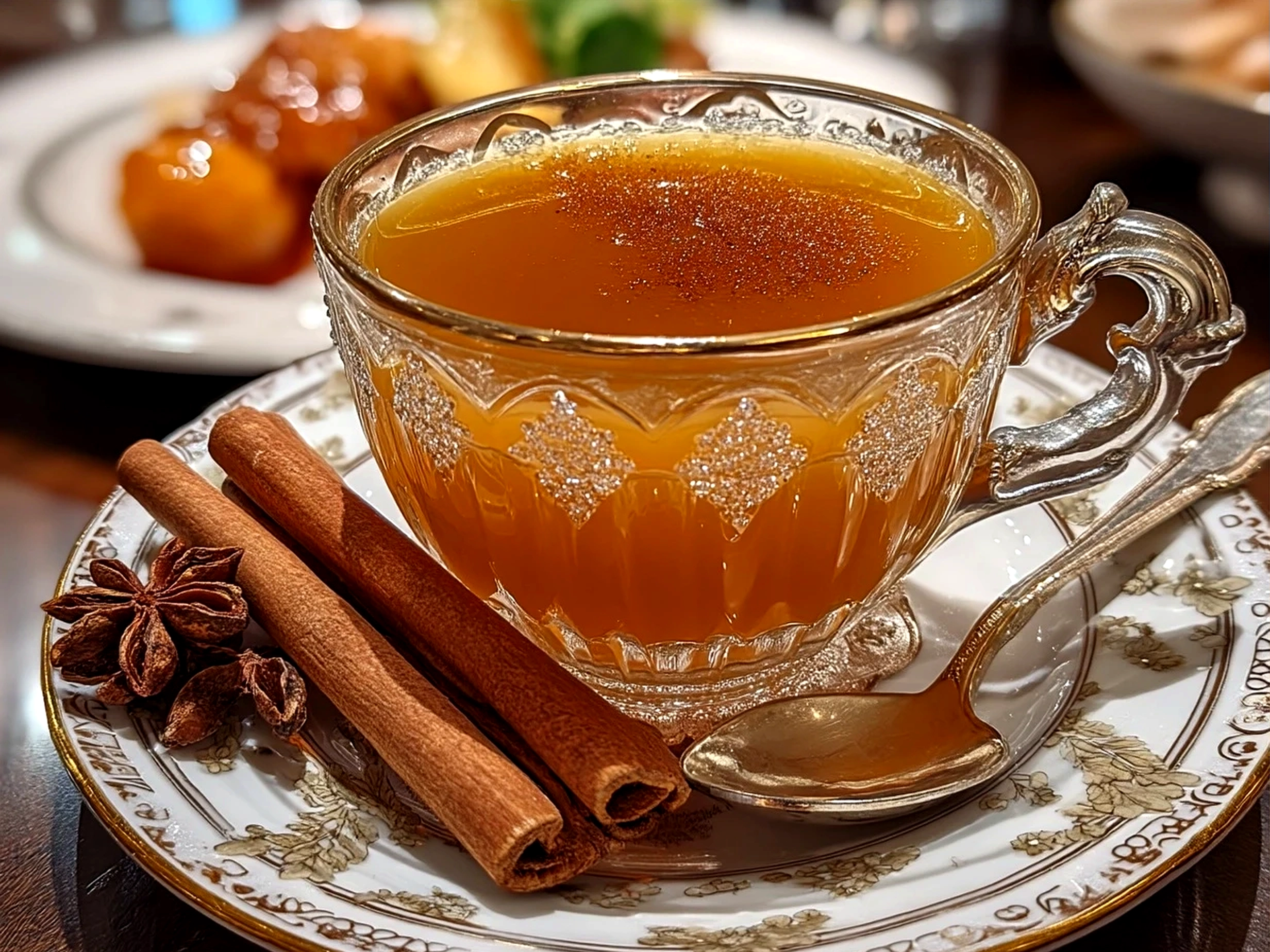 Mug of warm Spiced Hot Apple Cider served with cinnamon sticks and garnished with orange peel