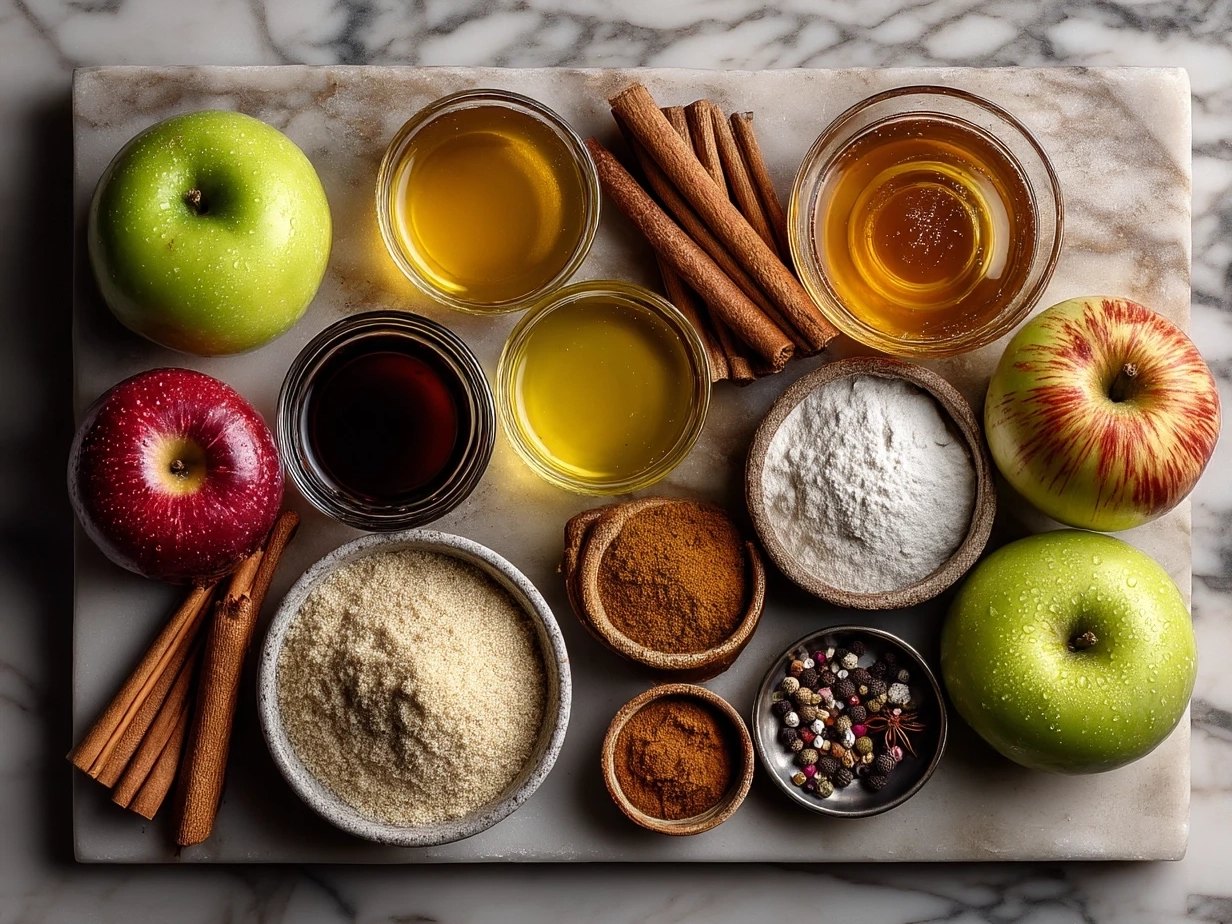 Ingredients for Spiced Hot Apple Cider including apple cider, cinnamon sticks, star anise, orange slices, cloves, ginger and brown sugar