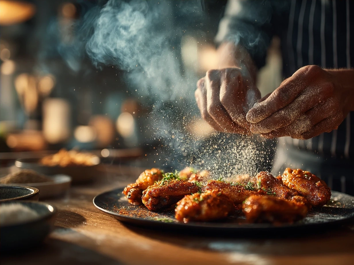 Serving plate of spicy dry rub wings with celery and carrots