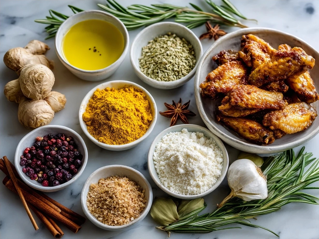 Ingredients for spicy dry rub wings laid out on a kitchen counter