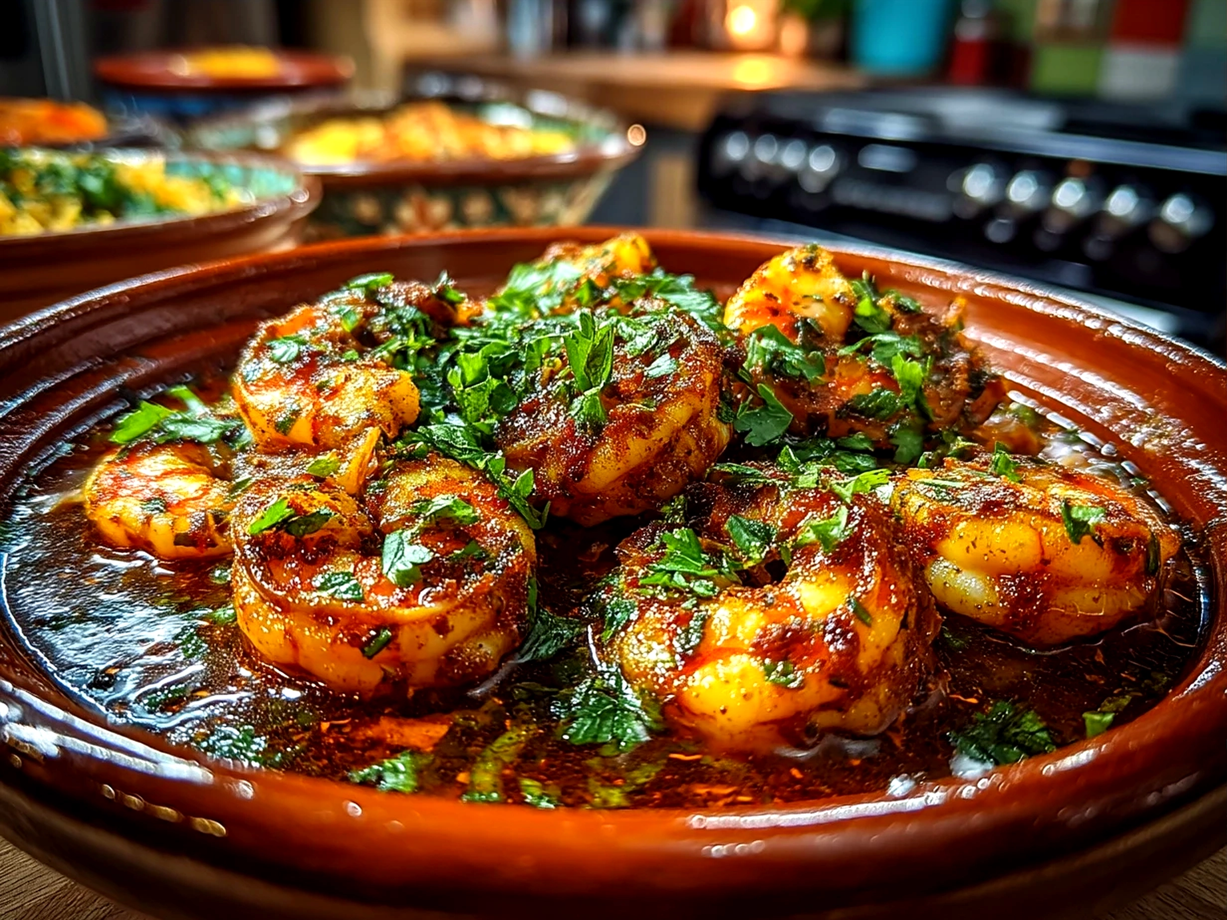 Served Spicy Moroccan Shrimp Tagine garnished with cilantro and lemon wedges