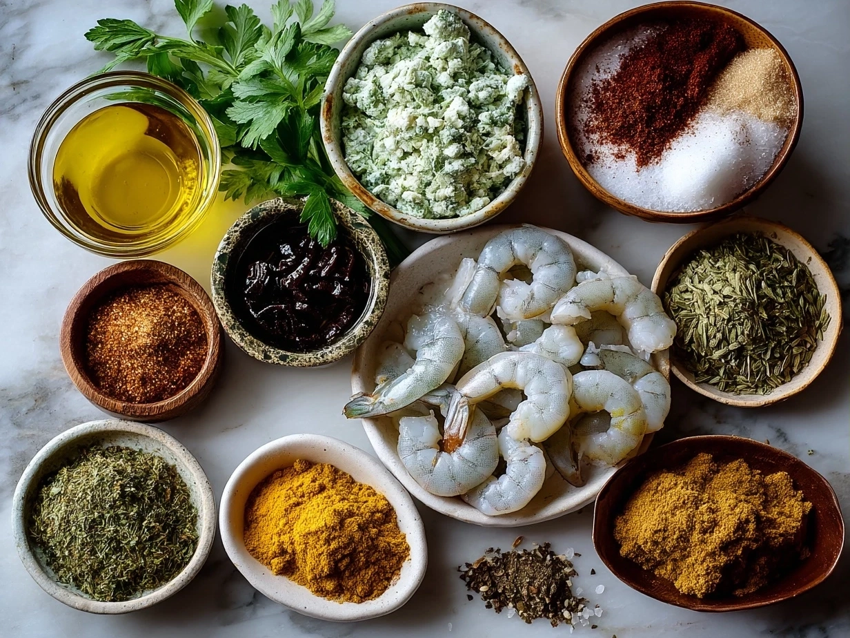 Ingredients for Spicy Moroccan Shrimp Tagine arranged on a kitchen counter