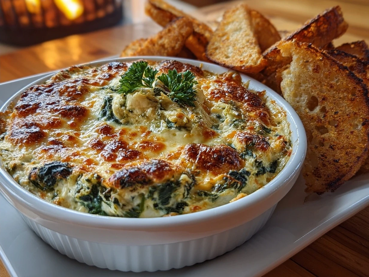 Baked spinach artichoke dip topped with Parmesan and herbs, ready to serve