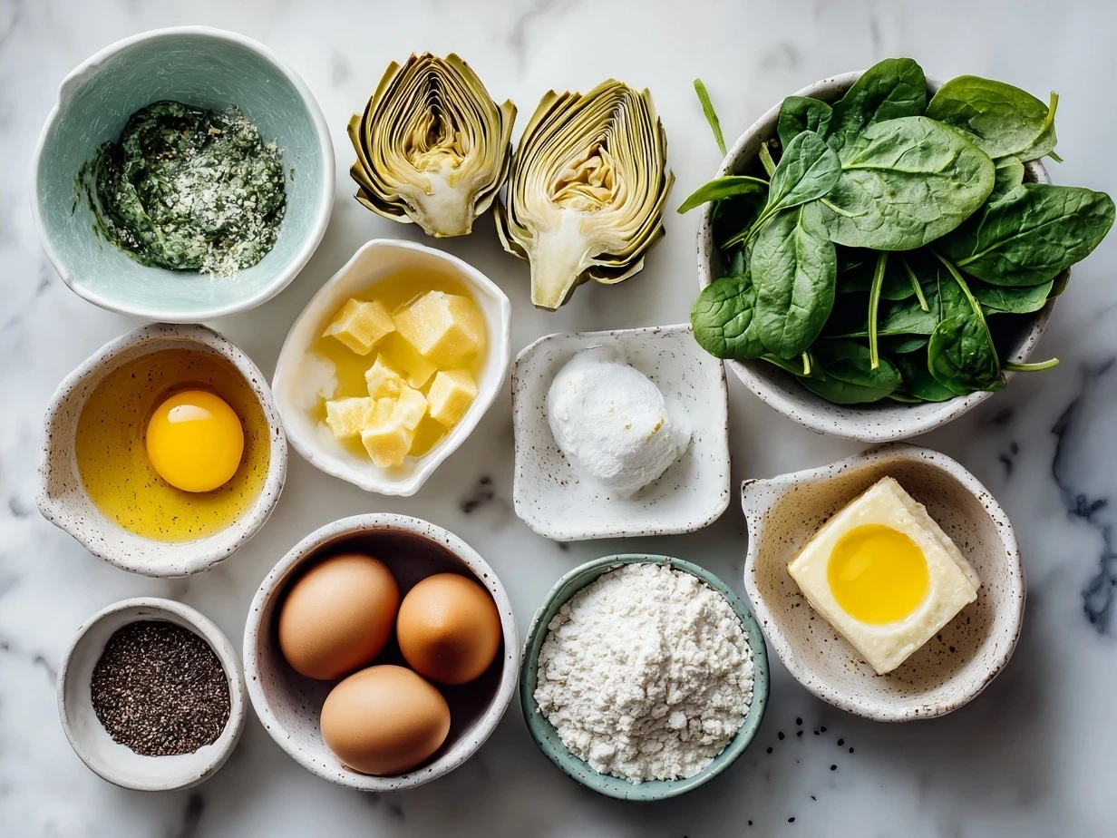 Ingredients for spinach artichoke dip laid out on a kitchen counter