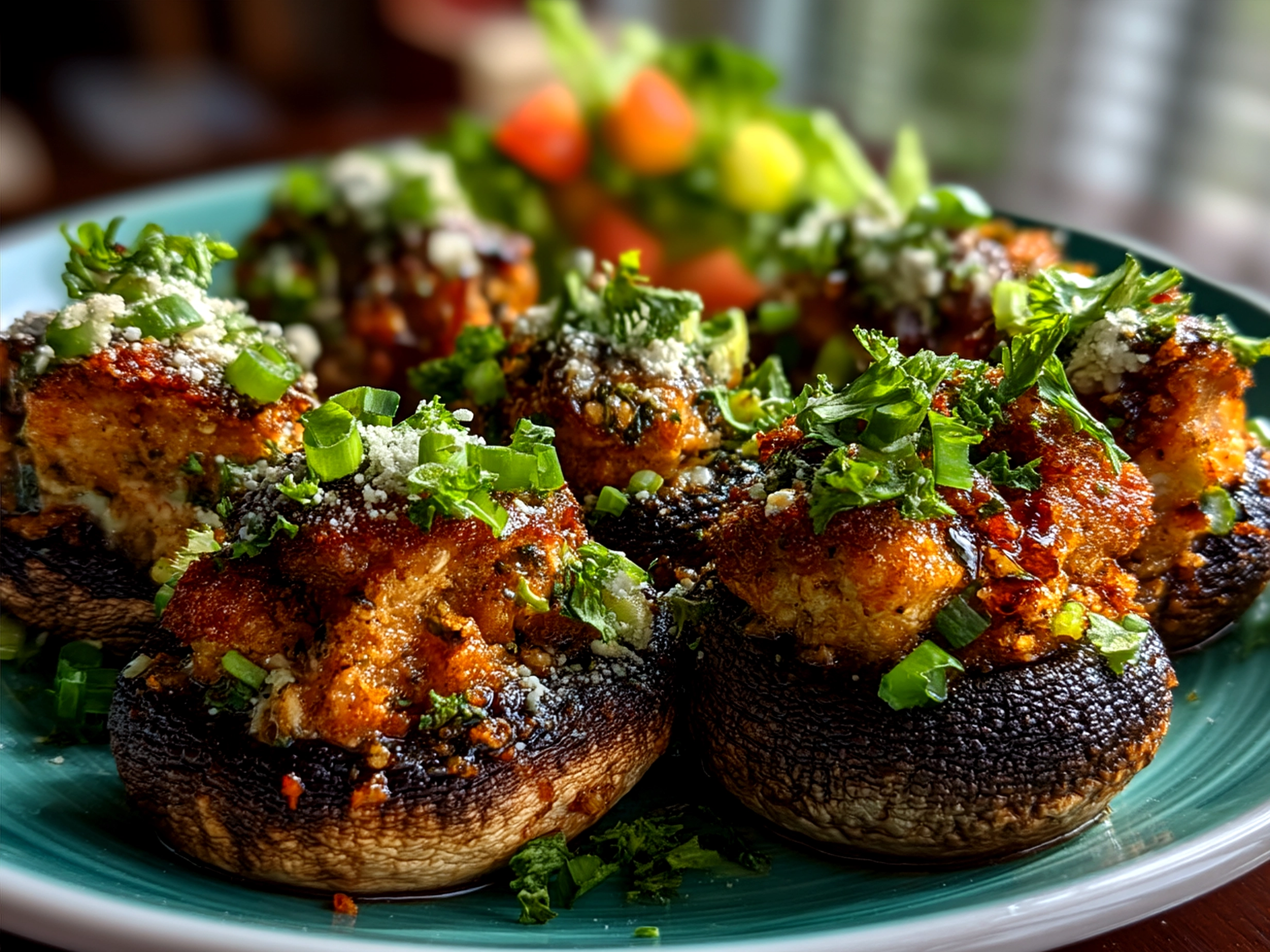 Plated stuffed mushrooms garnished with parsley and melted cheese, served with sides