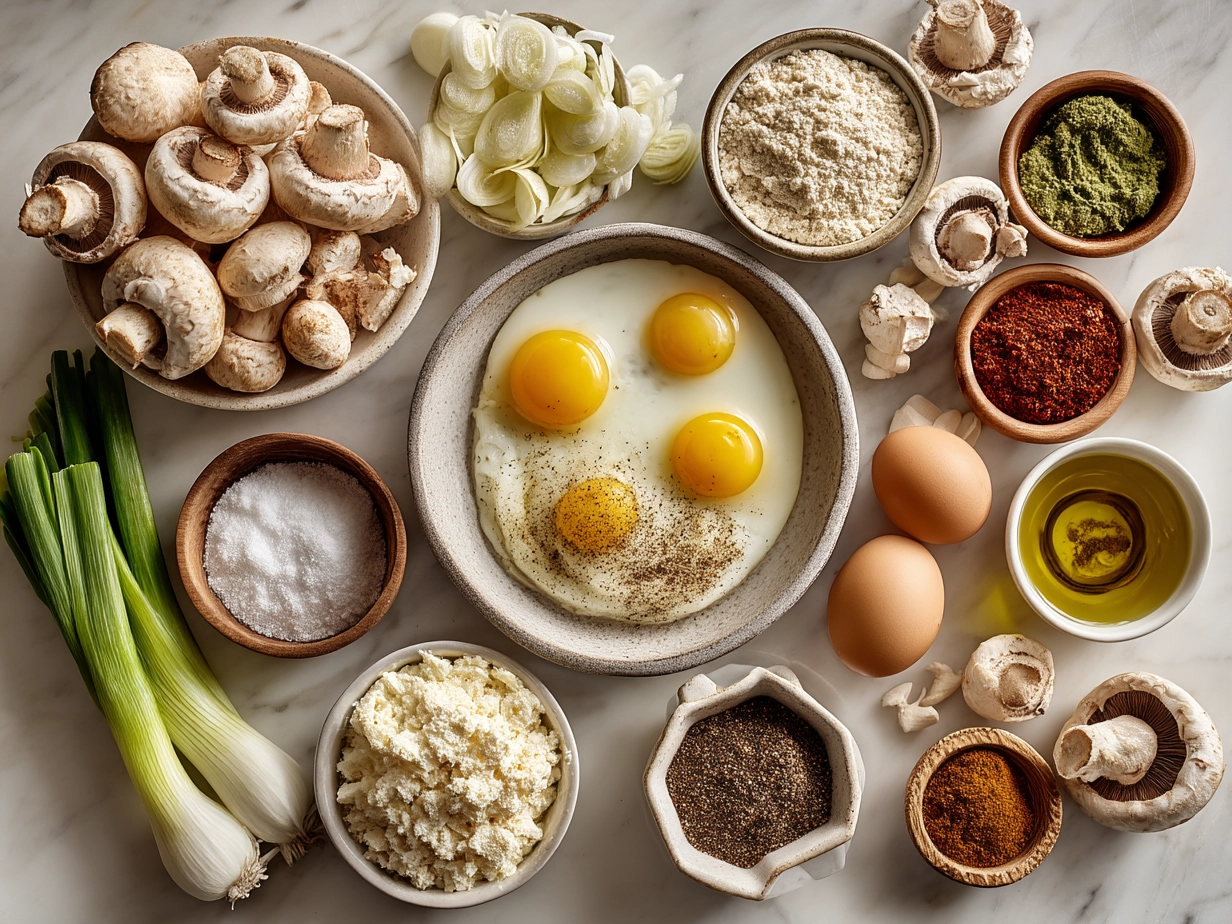 Ingredients for creamy stuffed mushrooms including mushrooms, cream cheese, Parmesan, garlic and herbs