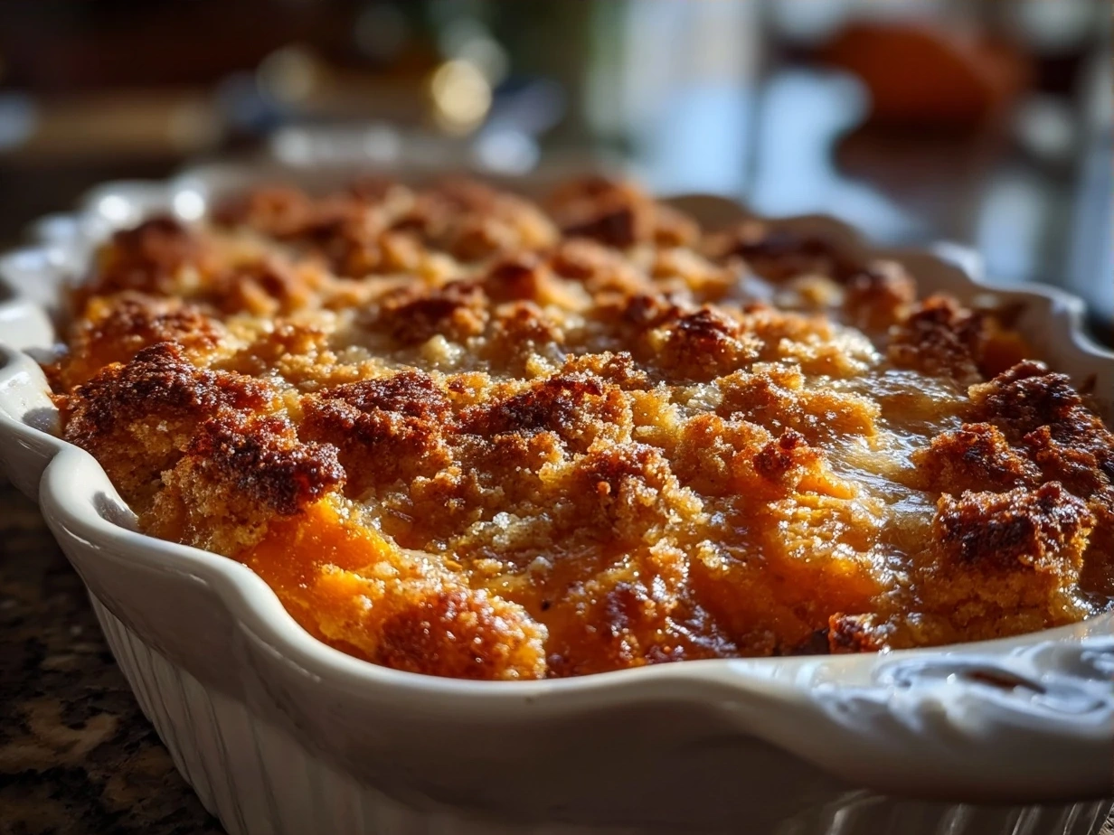 Finished Sweet Potato Casserole served in a warm dish