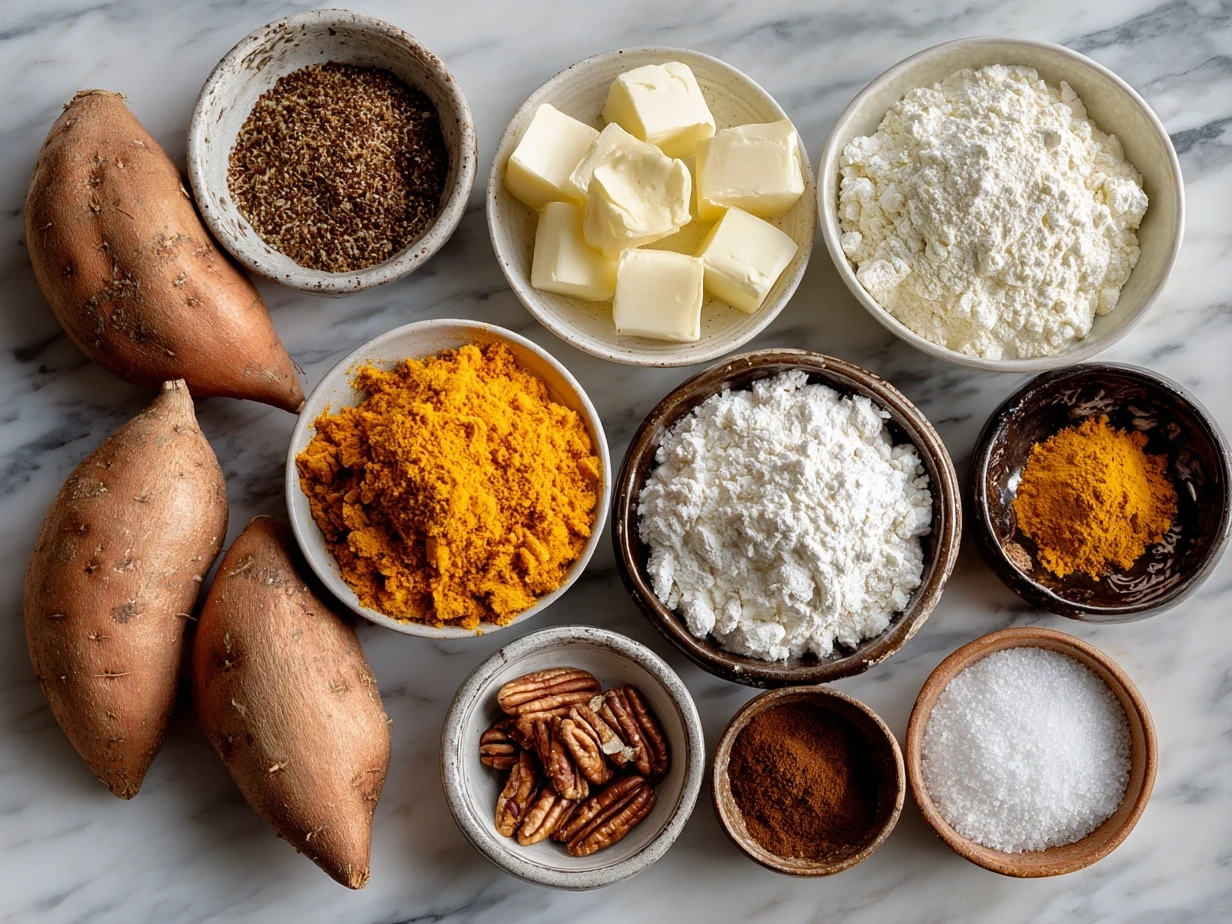 Ingredients for Sweet Potato Casserole laid out on a kitchen counter