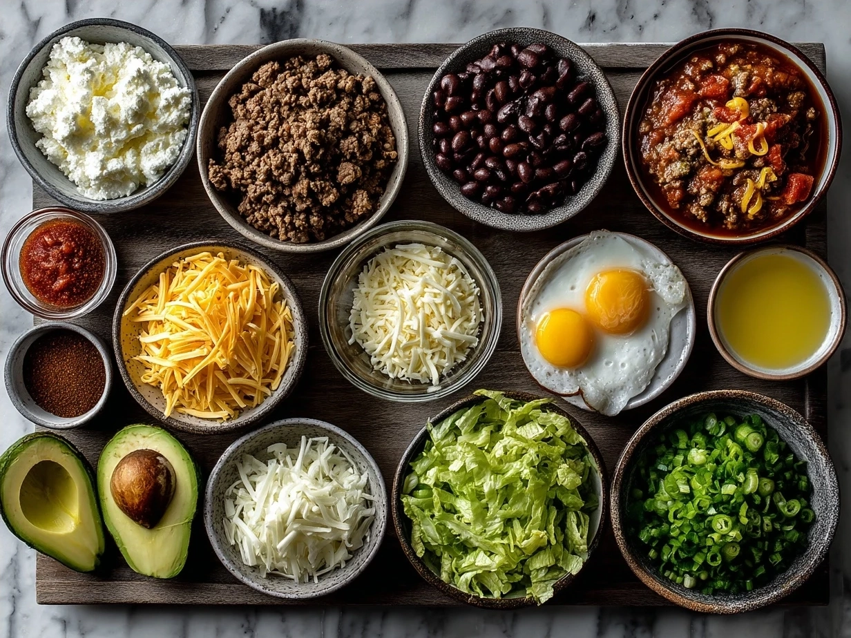 Ingredients for Taco Casserole laid out including ground beef, taco seasoning, salsa, black beans, corn, cheese, tortilla chips, and sour cream