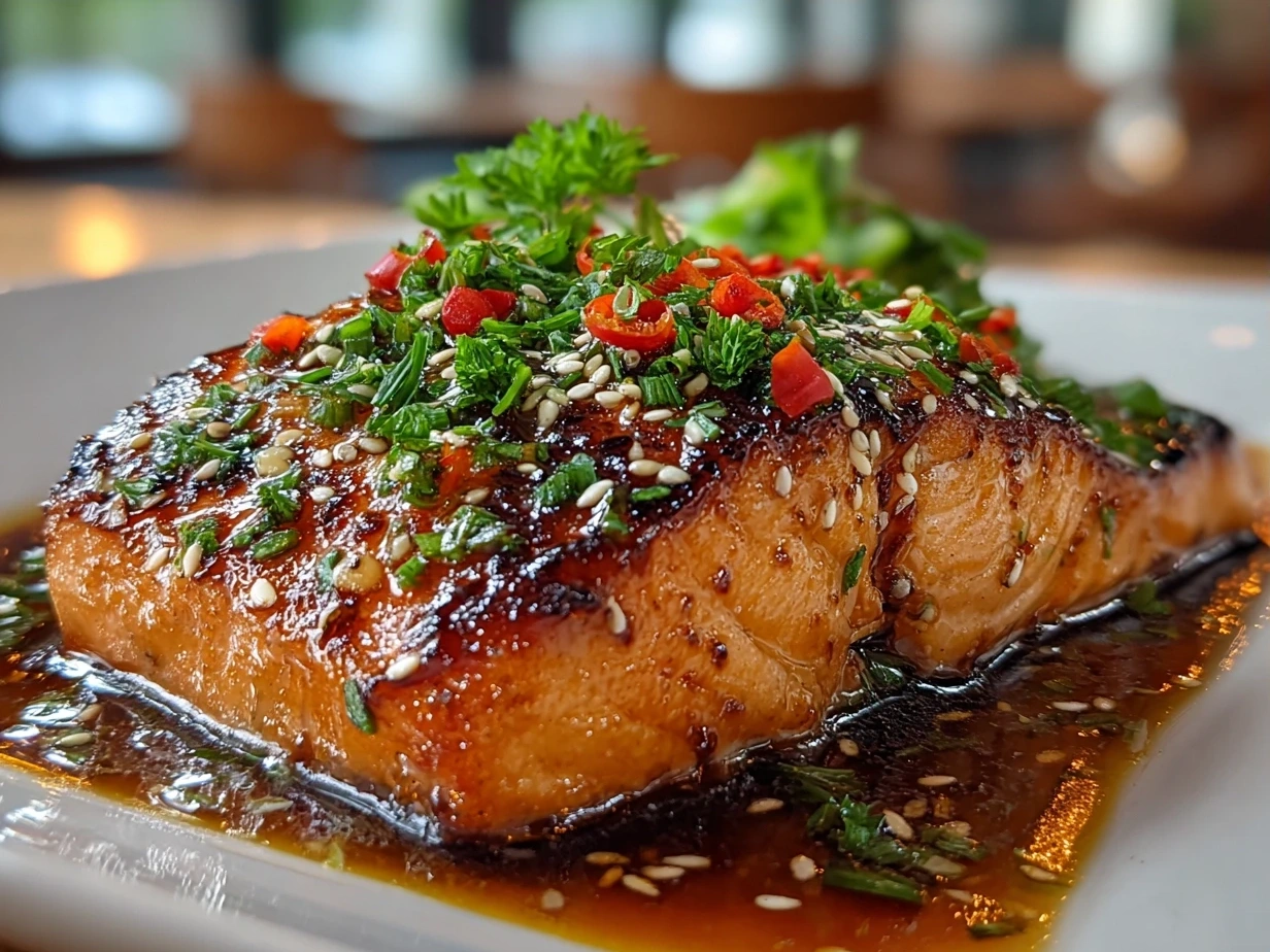 Served Tahini Honey Poached Salmon on plate with couscous and greens
