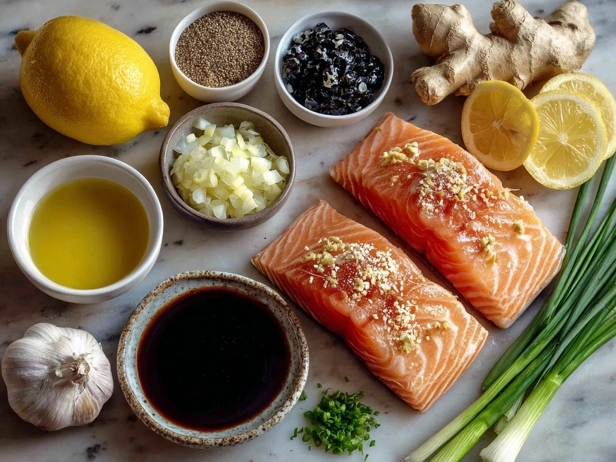 Ingredients for Tahini Honey Poached Salmon arranged on a kitchen counter
