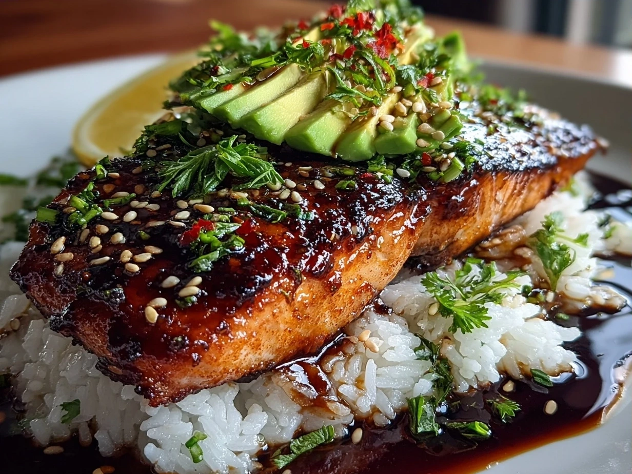 A bowl of finished Teriyaki Salmon Avocado Rice with salmon fillet, sliced avocado, green onions, and sesame seeds