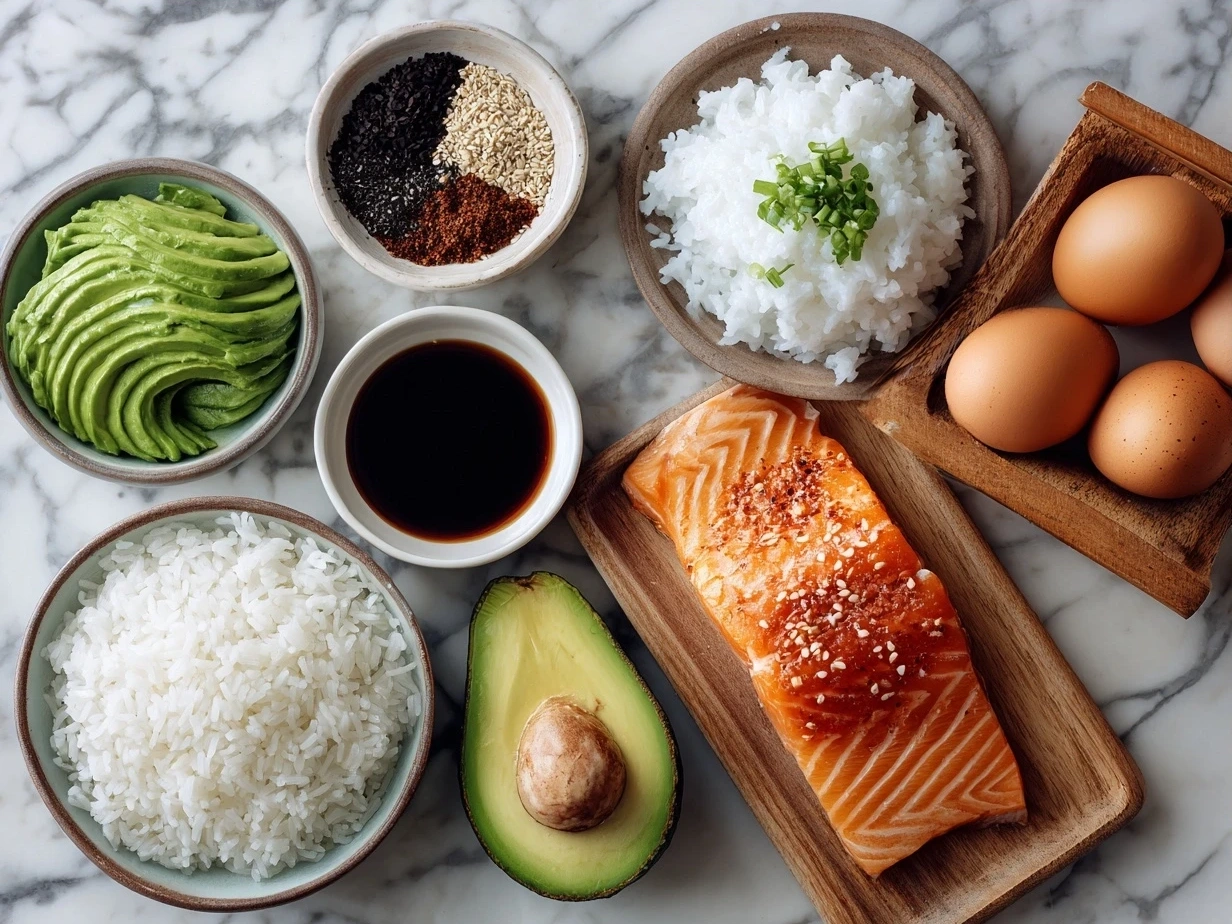 Ingredients for Teriyaki Salmon Avocado Rice laid out on a kitchen surface including salmon, avocados, rice, and teriyaki sauce