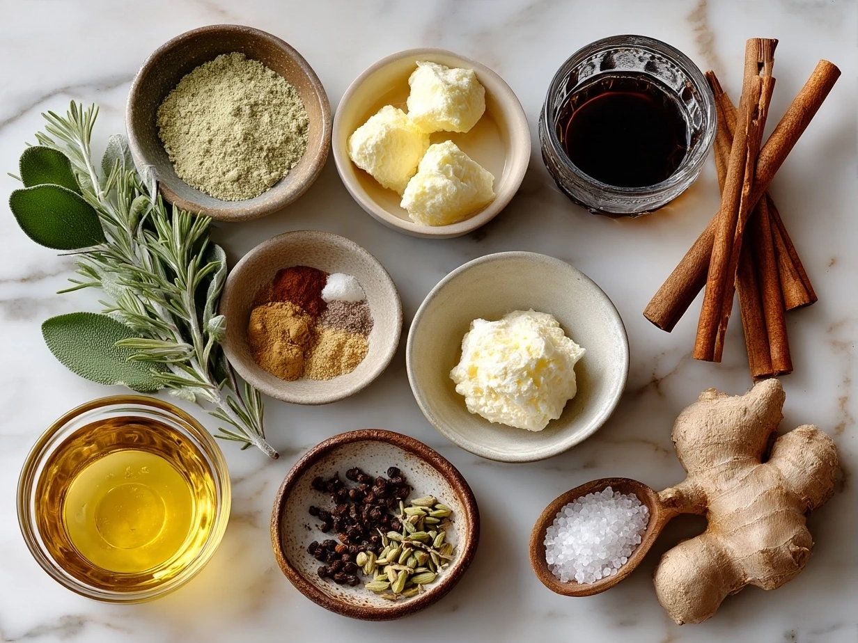 Ingredients for Thanksgiving Mocktail Recipe including spiced apple cider, cranberry juice, cinnamon sticks, fresh cranberries, orange slices, maple syrup and nutmeg