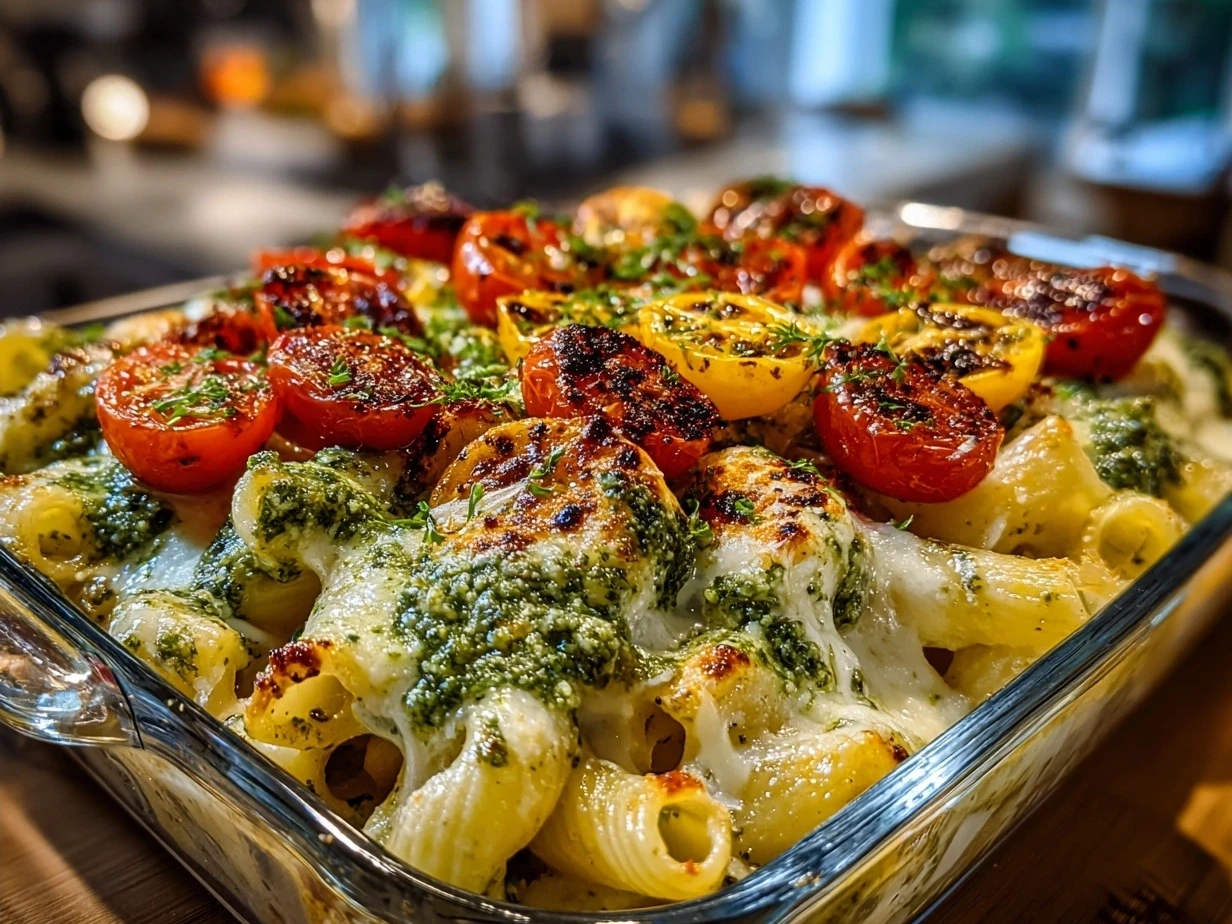 Final presentation of TikTok Baked Feta Pasta with Pesto served in a bowl
