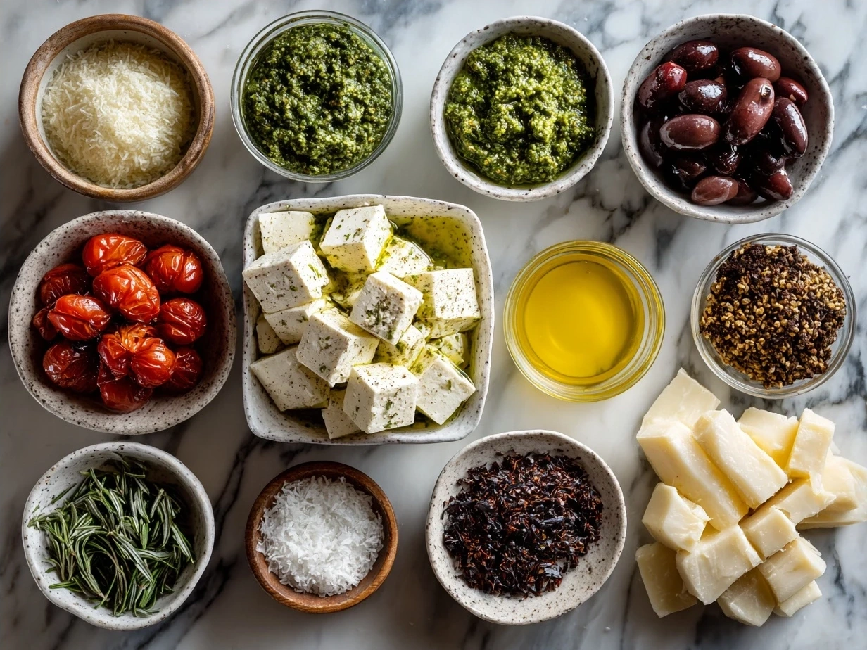 Ingredients for TikTok Baked Feta Pasta with Pesto including feta, cherry tomatoes, pasta, pesto, olive oil, garlic
