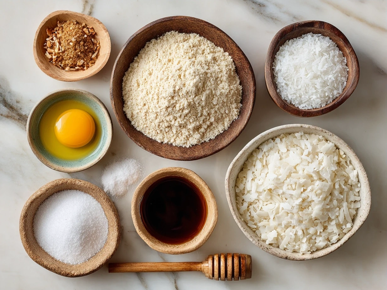 Ingredients for Toasted Coconut Shortbread Cookie including butter, sugar, flour, and toasted shredded coconut