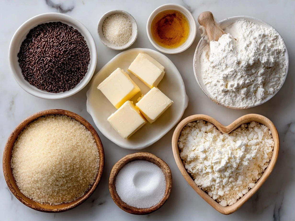 Top-down view of ingredients for Frosted Heart Sugar Cookies laid out on a kitchen table