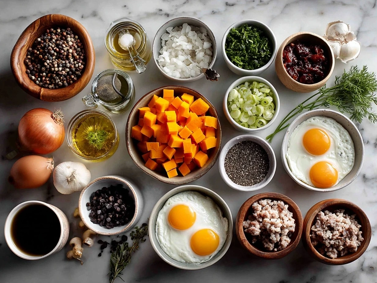 Raw ingredients for Butternut Squash and Turkey Chili arranged on a marble surface