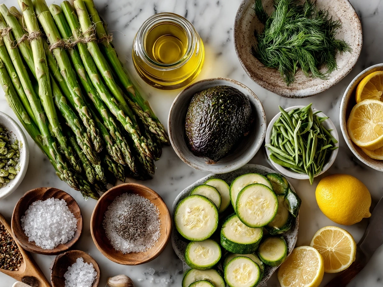 Assorted fresh ingredients for asparagus zucchini squash on marble surface
