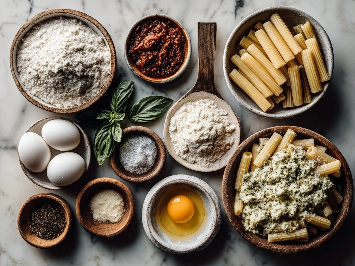 Top down view of raw ingredients for baked ziti on marble surface