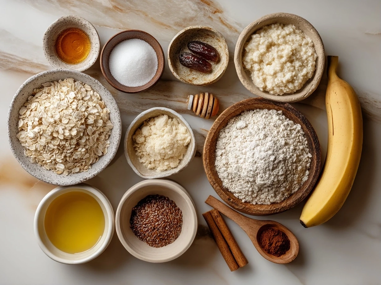 Raw ingredients for banana oatmeal bars laid out on marble countertop in a modern kitchen