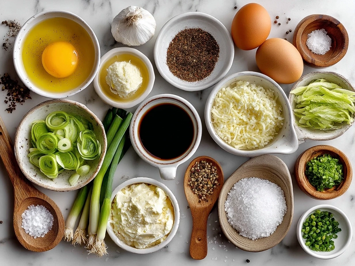 Top down view of raw ingredients for Caesar Dressing laid out