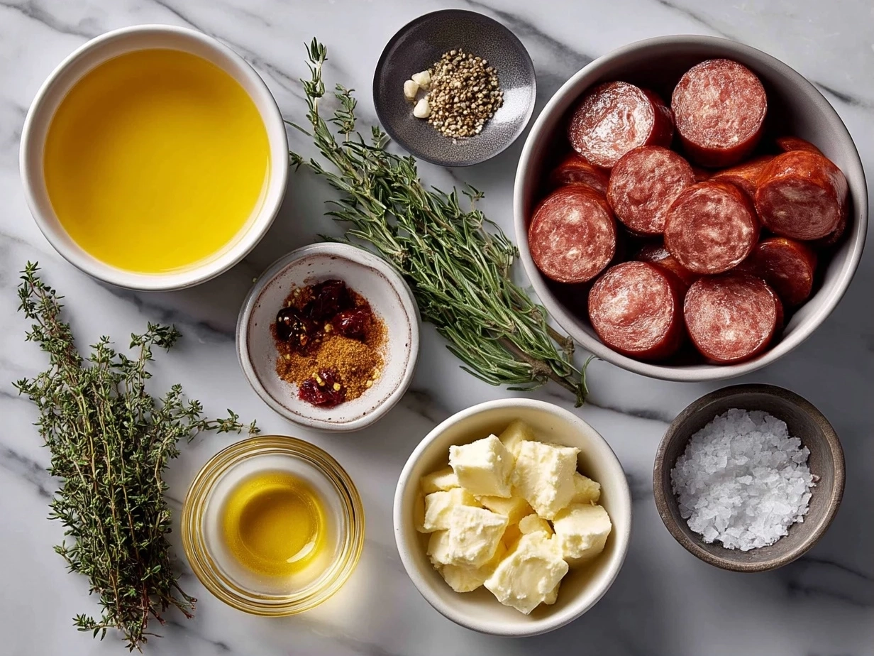 Ingredients for Candied Kielbasa Bites arranged on marble countertop