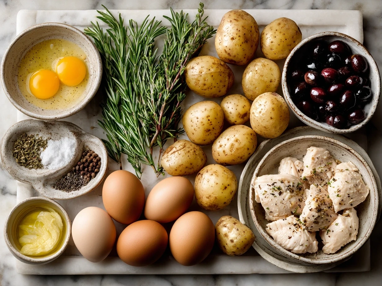 Raw ingredients for chicken and potatoes Dijon sauce recipe laid out in bowls