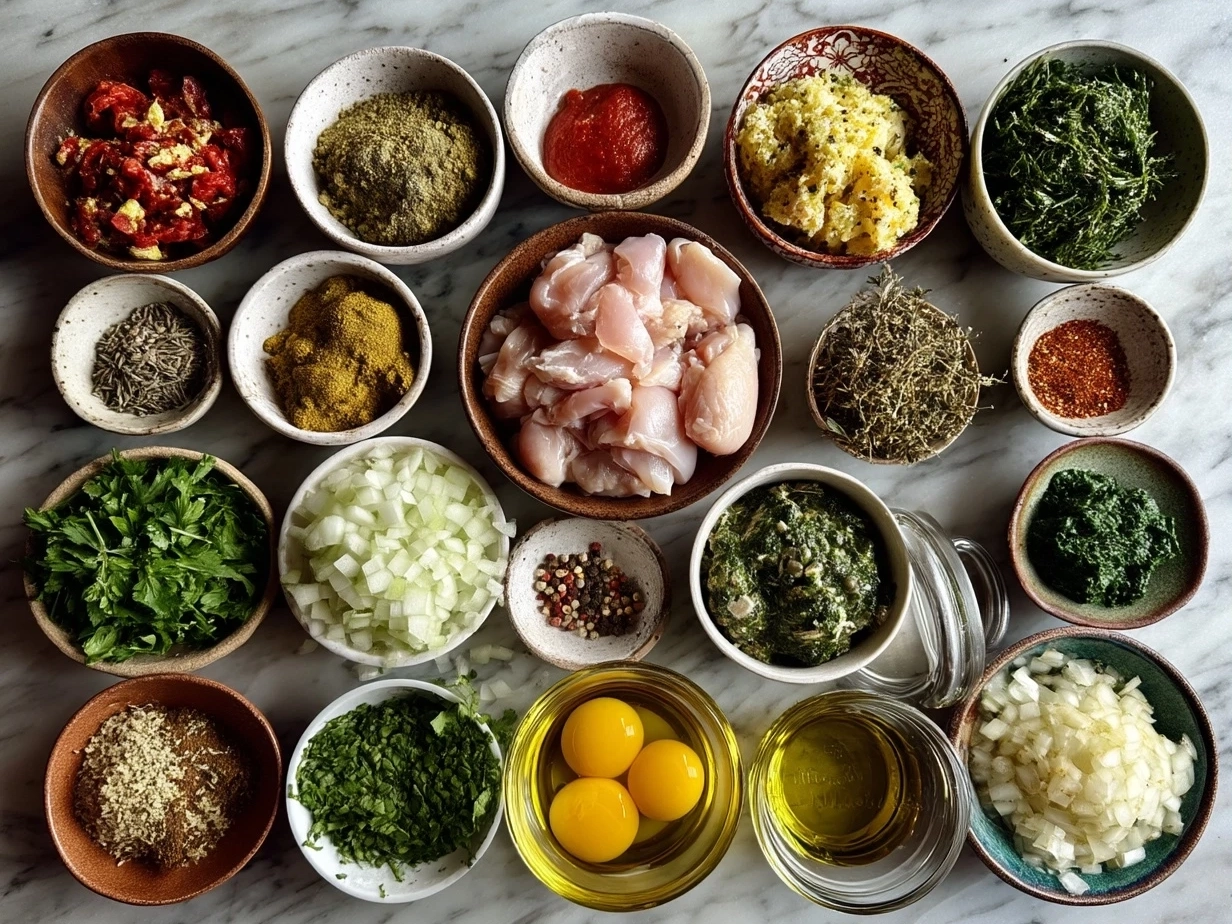 Top down view of raw ingredients for chicken and spinach casserole