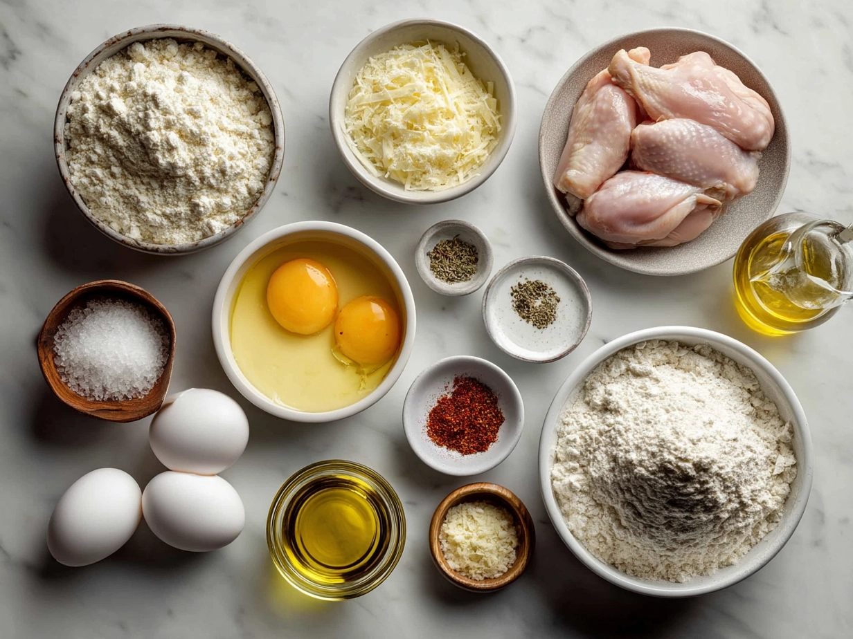 Raw ingredients for Chicken Carbonara including spaghetti, chicken breasts, bacon, eggs, Parmesan cheese, heavy cream, garlic, olive oil