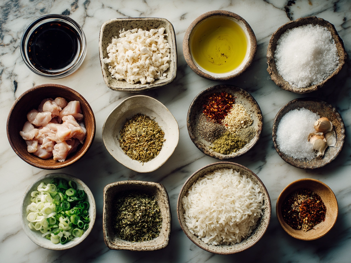 Top down raw ingredients for chicken ginger rice on marble kitchen counter