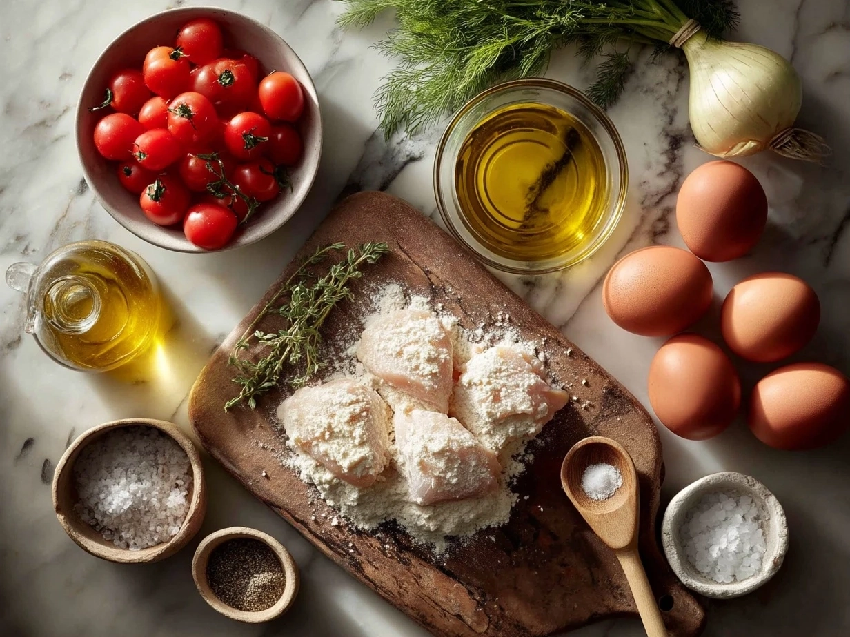 Top-down view of raw ingredients for chicken parmesan on marble surface