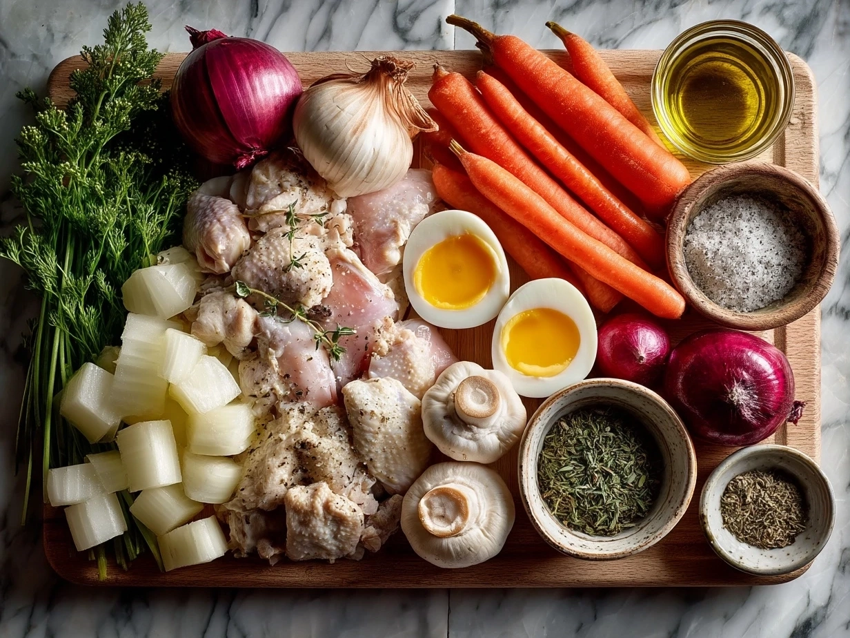 Top-down view of raw ingredients for chicken stew including chicken thighs, carrots, celery, potatoes, and herbs