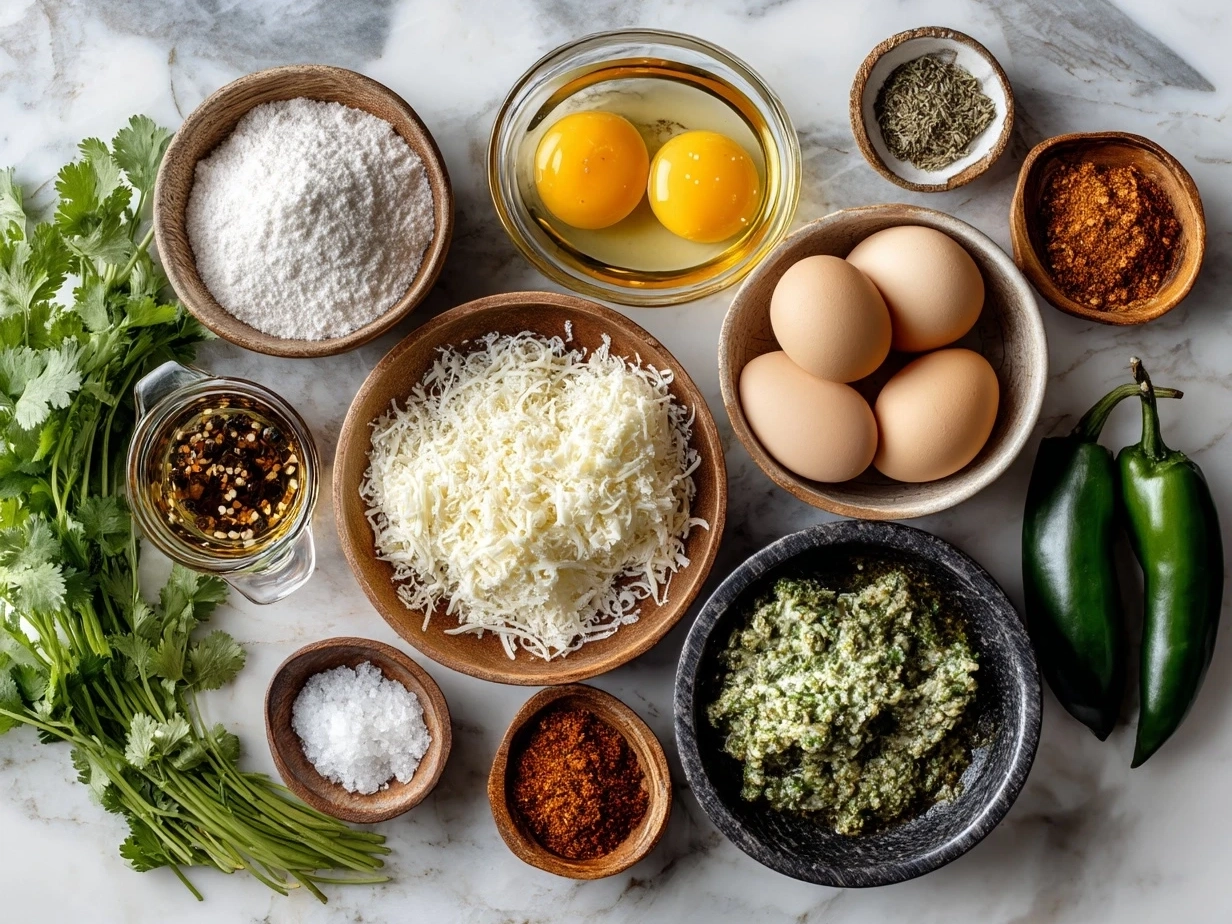 Top down raw ingredients for Chile Relleno Casserole on marble surface