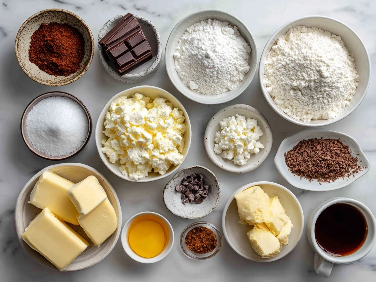 Top-down view of raw ingredients for Christmas Cookie Lasagna including chopped cookies, pudding mix, and whipped topping