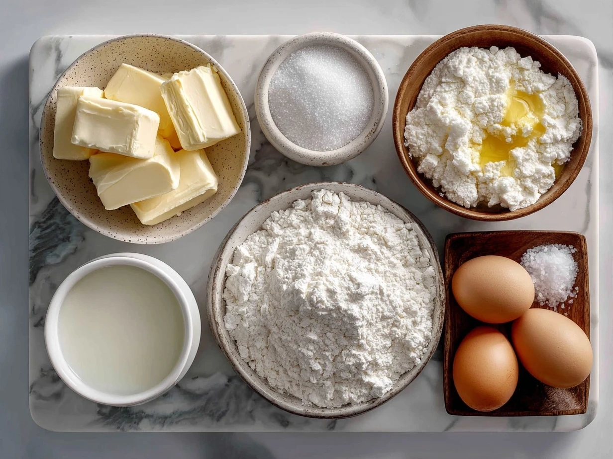 Top-down view of raw ingredients for Cotton Candy Swiss Cake Roll arranged neatly on a marble surface