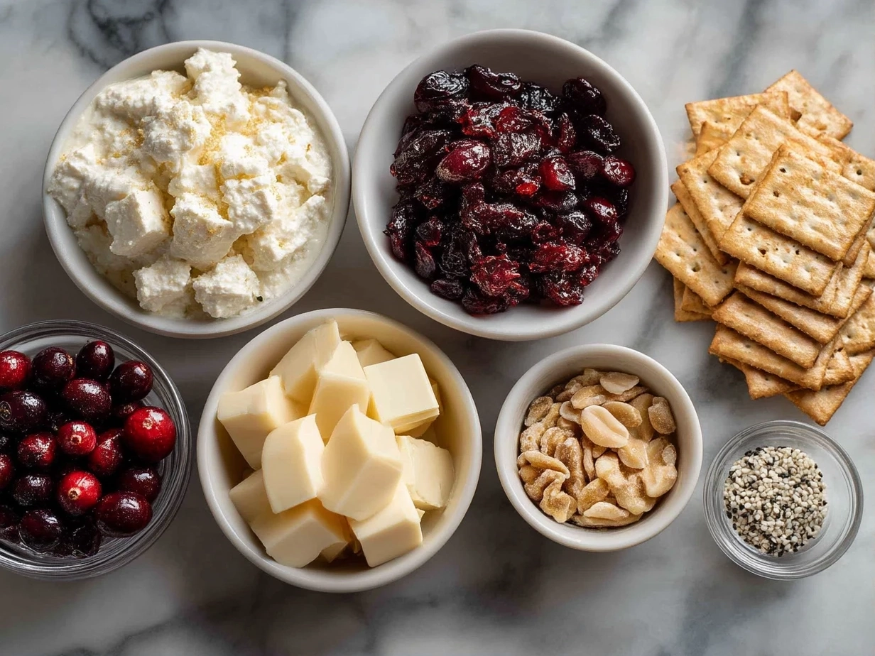Top down raw ingredients for cranberry whipped feta dip on marble surface