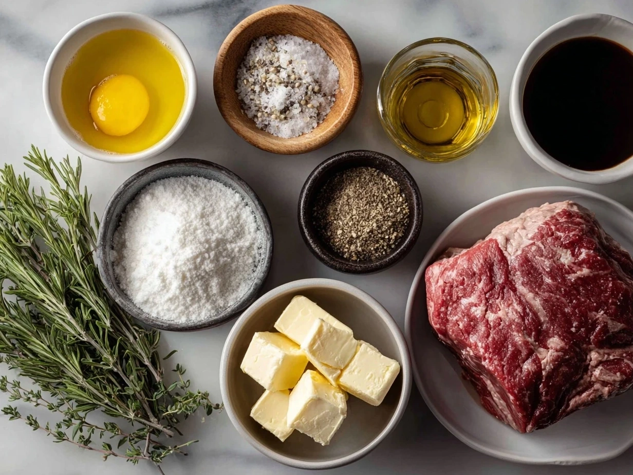 Top down view of raw ingredients for Crockpot French Dip Sandwiches on white marble surface