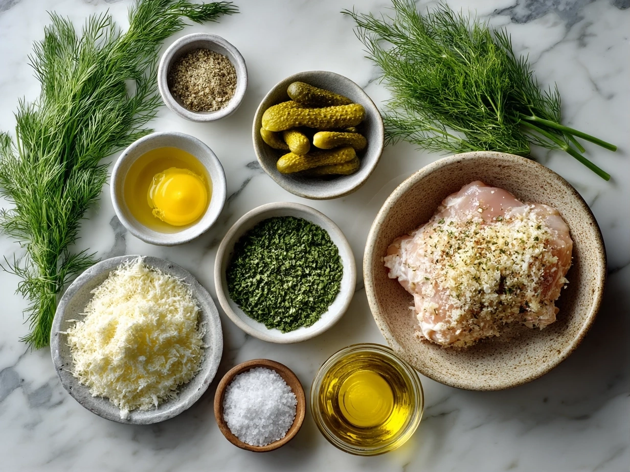 Raw ingredients for dill pickle parmesan chicken laid out on marble counter including chicken breasts, dill pickle juice, parmesan cheese and eggs