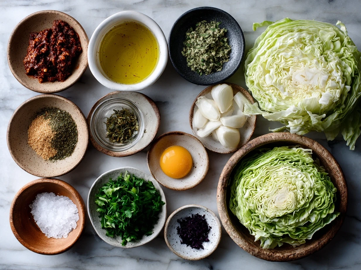 Raw ingredients for Frito Cowboy Cabbage on marble background