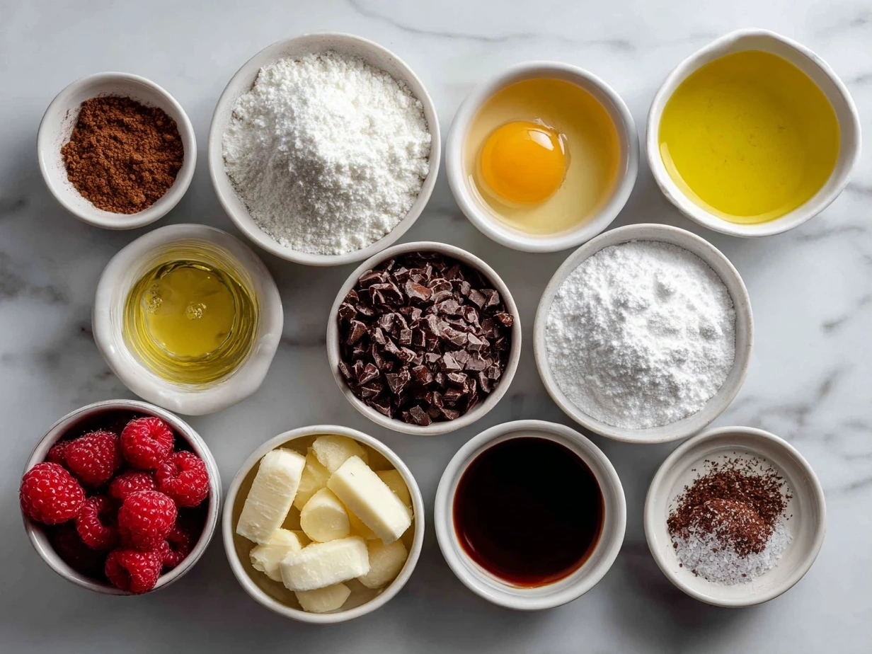 Top down view of raw ingredients for fudgy raspberry swirl brownies including butter, cocoa powder, sugar, eggs, flour, raspberry jam and fresh raspberries.