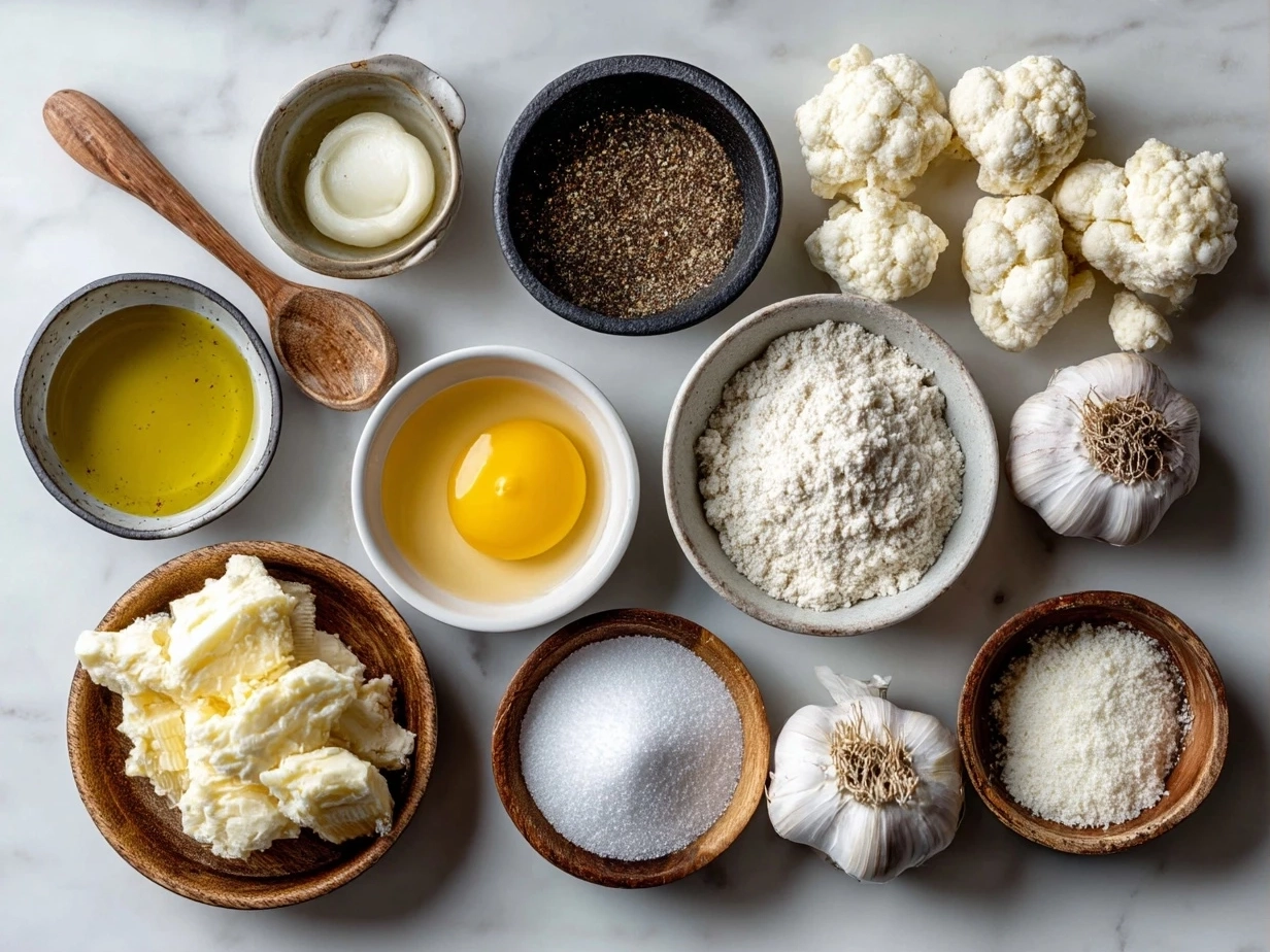 Top down view of raw ingredients for garlic knots on marble