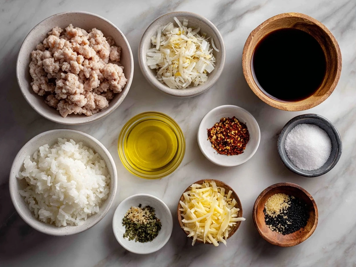 Top down image of raw ingredients for Ground Turkey Teriyaki Rice Bowl including ground turkey, rice, teriyaki sauce, vegetables, and seasonings