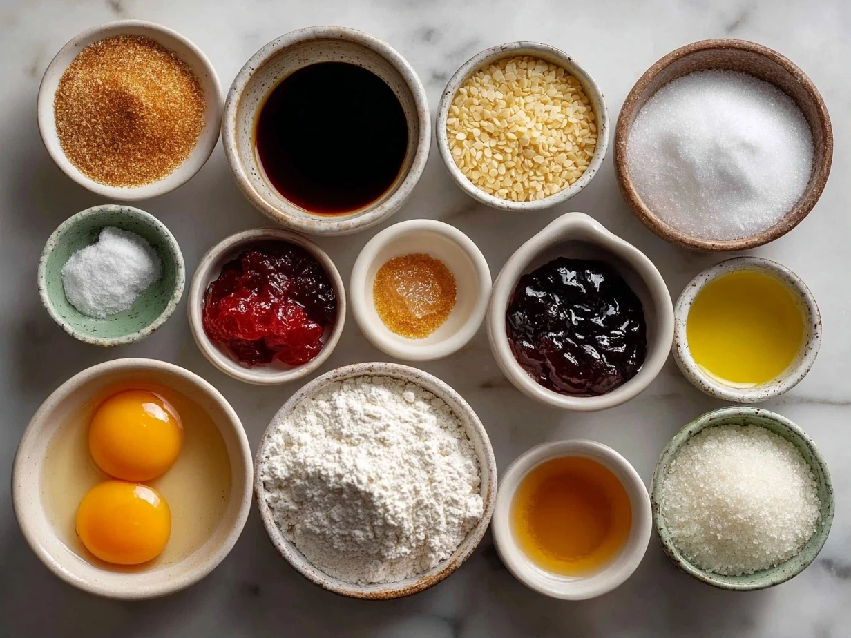 Top down view of raw ingredients for jam donut focaccia including flour, yeast, milk, sugar, butter, jam, and powdered sugar