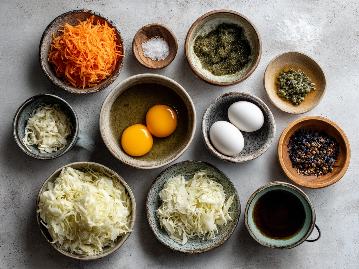Top down view of raw ingredients for Japanese Potato Salad including potatoes, carrots, cucumbers, eggs, and Japanese mayo
