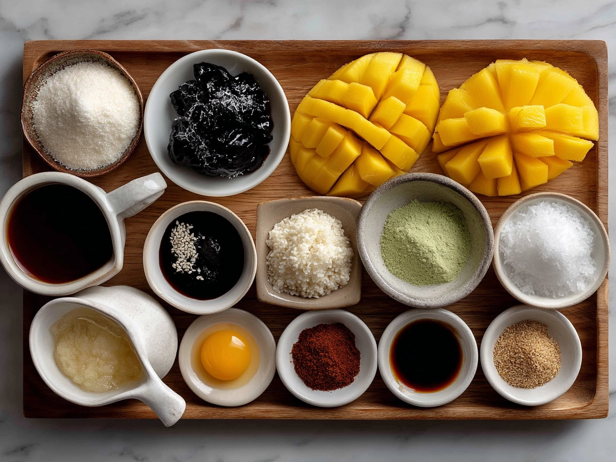 Top down view of raw ingredients for Mango Sticky Rice including sticky rice, coconut milk, sugar, salt, and fresh mango